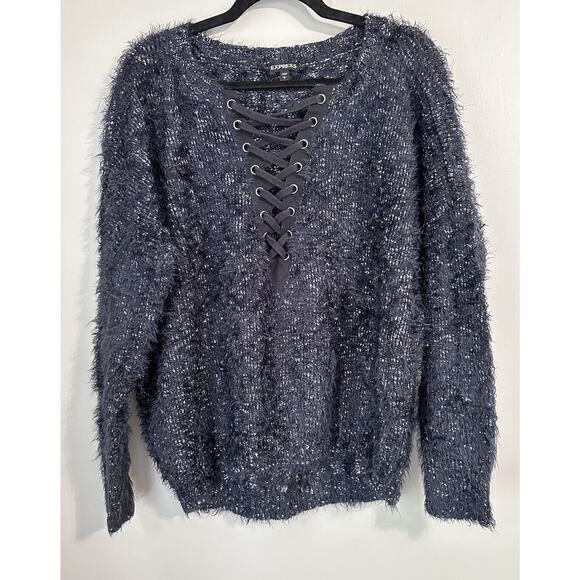 Express Blue Marl Eyelash Lace Up Neck Large Long Sleeve Sweater Super Soft - Picture 1 of 10
